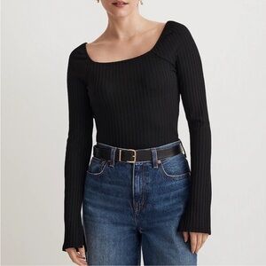 Madewell Ribbed Square-Neck Long-Sleeve Tee in True Black